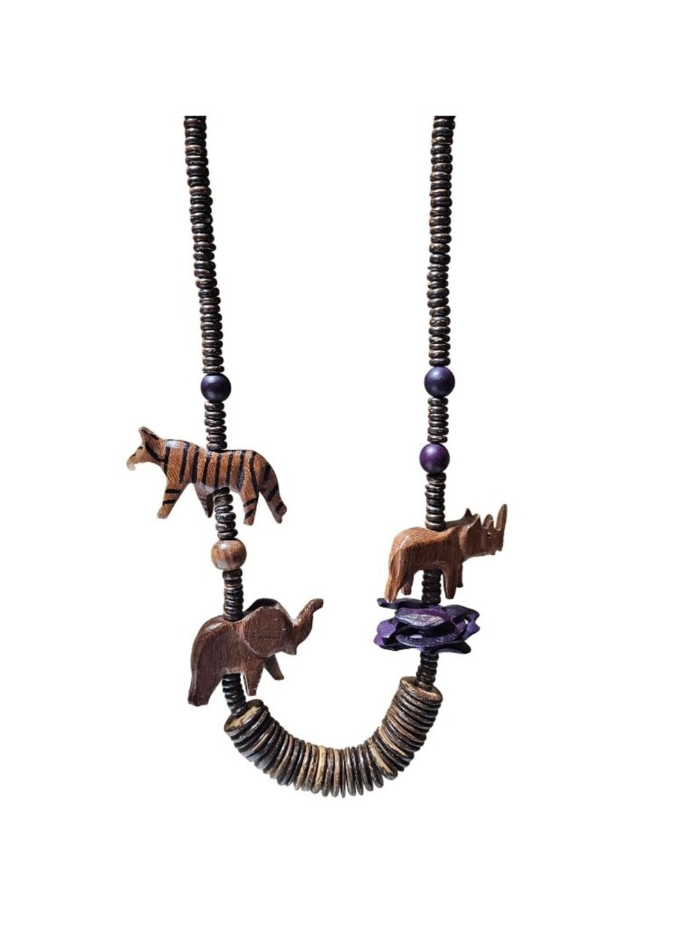 Carved Wood African Safari Animal Necklace Beaded Elephant Rhino Tiger Jungle
